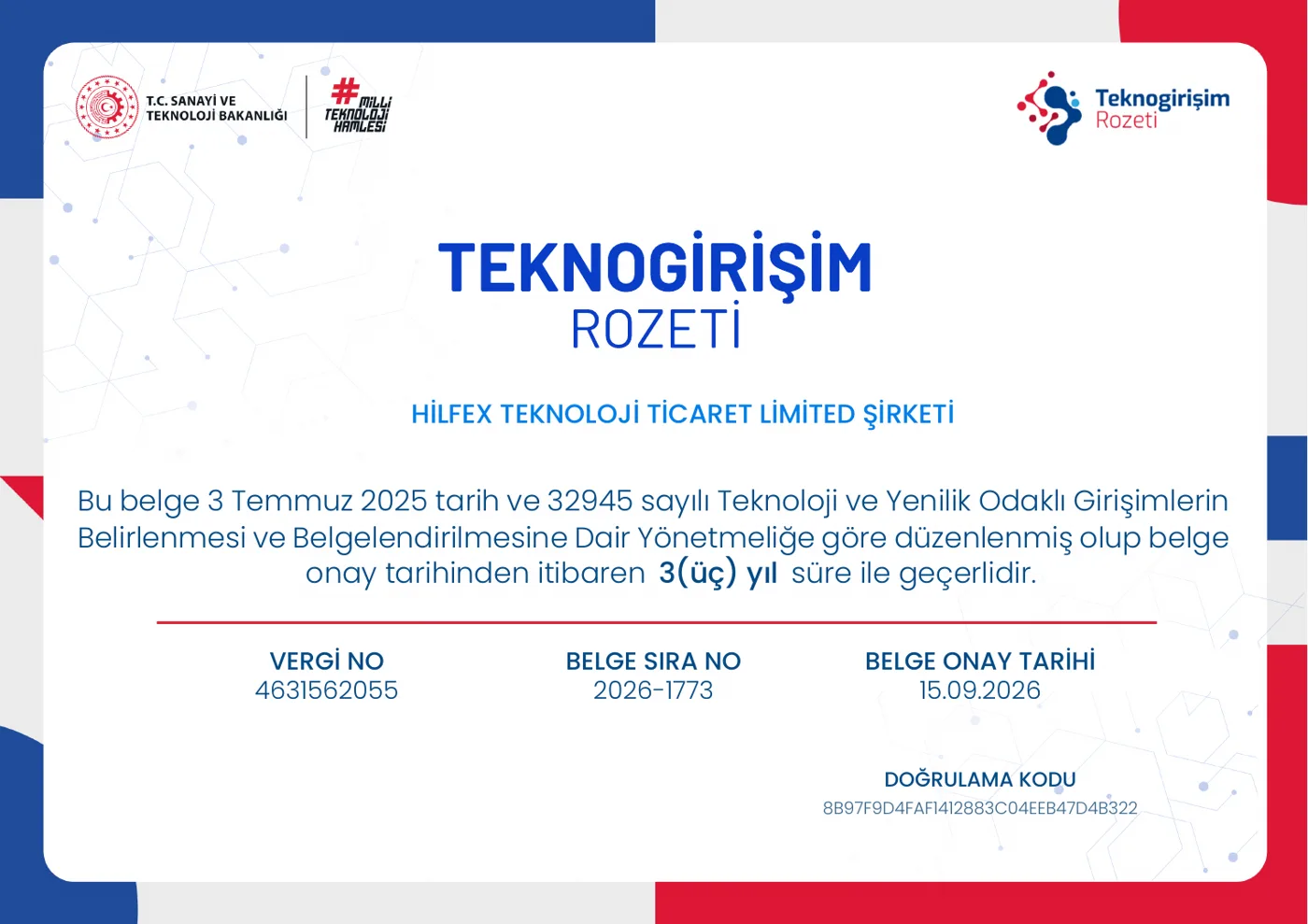Teknogirişim Badge certificate of HilfeX Teknoloji Ticaret Ltd. Şti.